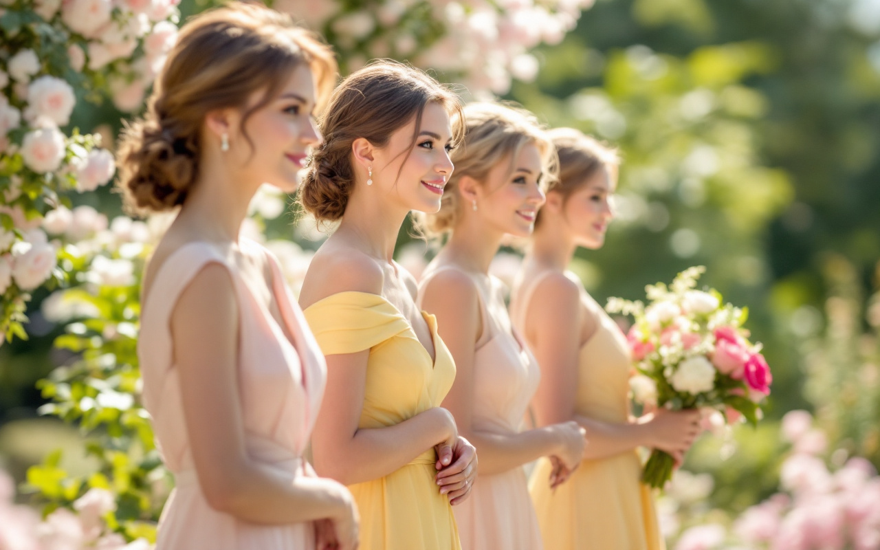 des-demoiselles-dhonneur-portant-des-robes-assorties-lors-dune-ceremonie-de-mariage-dans-un-cadre-naturel-avec-un-eclairage-doux-et-des-fleurs-en-arriere-plan