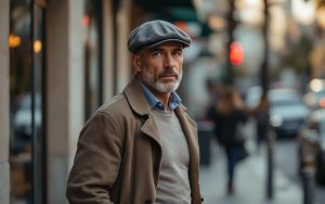 Un homme adulte élégant portant une casquette sobre et une tenue quotidienne chic et moderne, marchant dans une rue de ville à la lumière dorée.