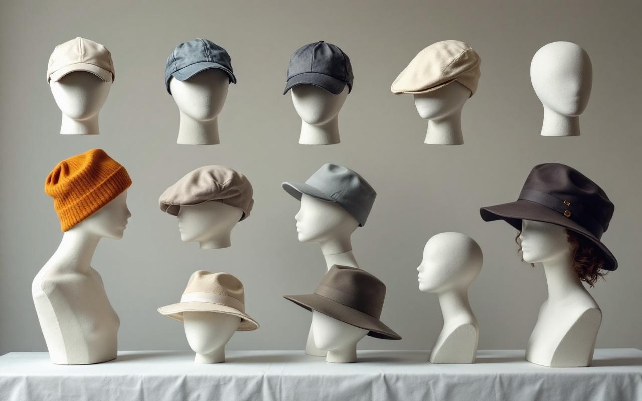 Comparatif visuel de casquettes baseball, plate et gavroche sur silhouettes homme et femme, avec matières et formes clairement visibles.