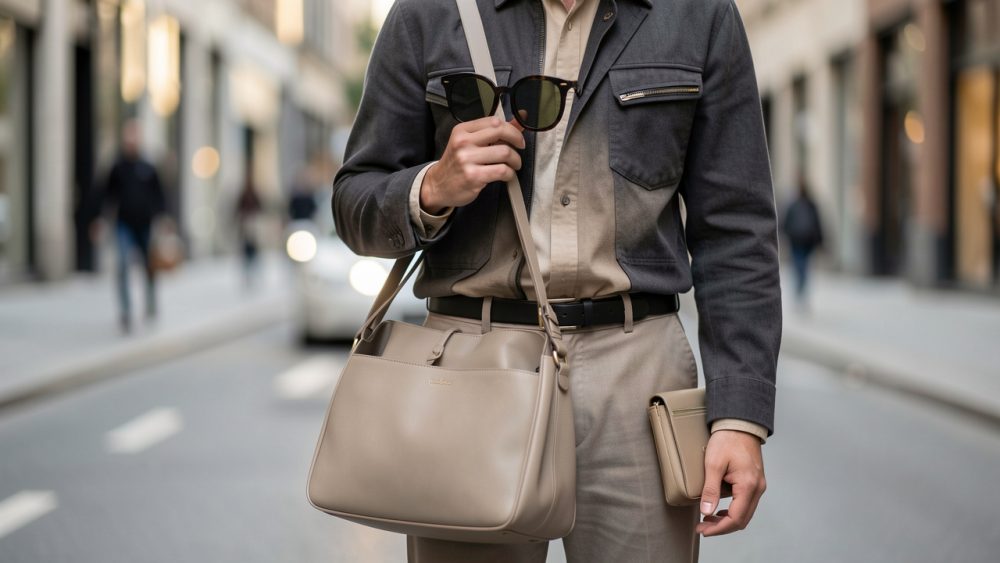Tenue casual moderne sur fond urbain élégant avec sac en cuir, lunettes de soleil, ceinture et accessoires de mode minimalistes.