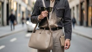 Tenue casual moderne sur fond urbain élégant avec sac en cuir, lunettes de soleil, ceinture et accessoires de mode minimalistes.