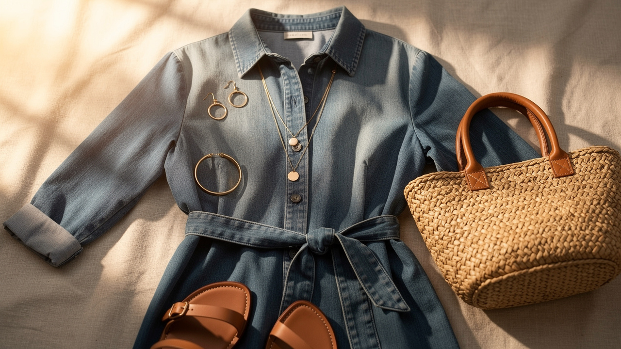 Détail d’une robe chemise en jean ceinturée, accompagnée de bijoux dorés fins, de sandales en cuir et d’un sac naturel dans une ambiance estivale élégante.