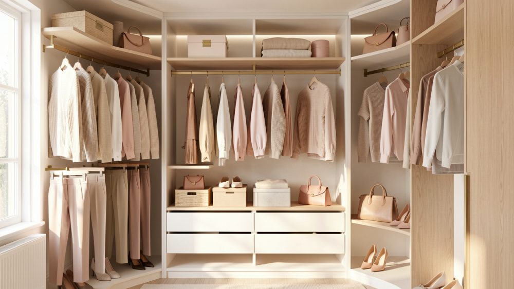 Dressing féminin lumineux présentant des vêtements casual élégants, des chaussures et des sacs soigneusement assortis dans un intérieur clair et raffiné.