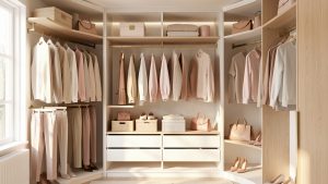 Dressing féminin lumineux présentant des vêtements casual élégants, des chaussures et des sacs soigneusement assortis dans un intérieur clair et raffiné.