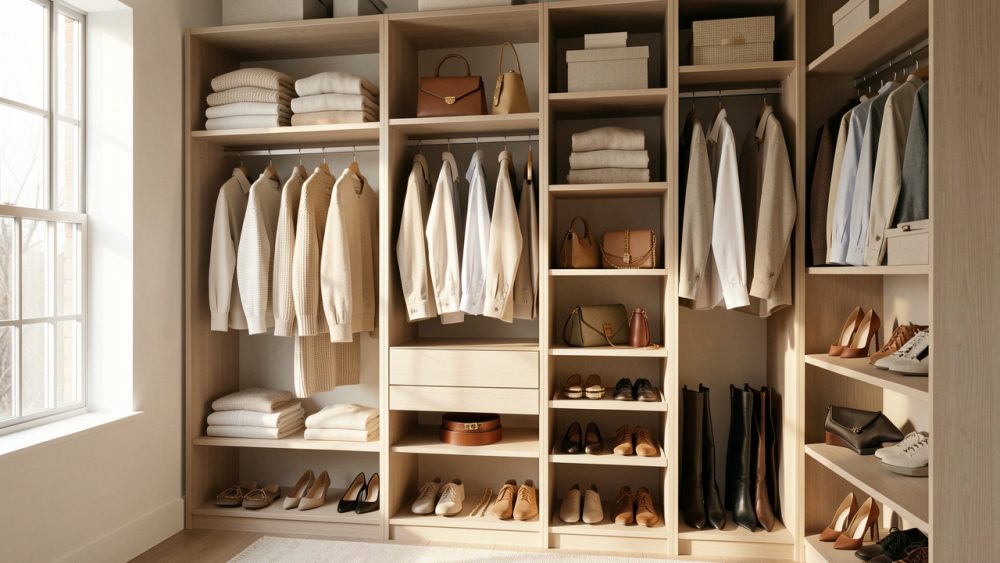 Dressing féminin lumineux avec des vêtements casual aux tons neutres, des chaussures et des accessoires soigneusement rangés.