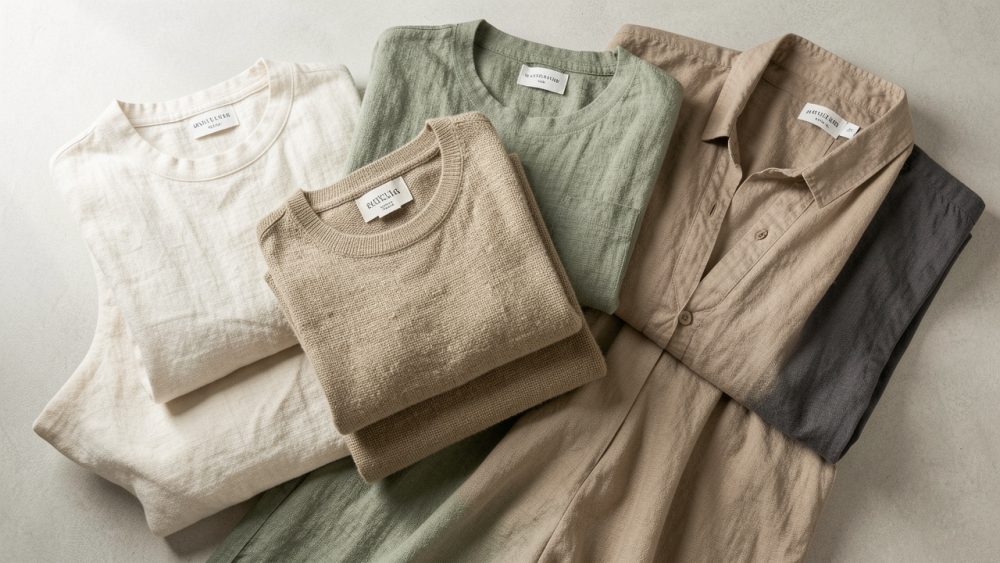 Vue à plat de vêtements durables en lin, chanvre, lyocell et polyester recyclé, éclairés par une lumière naturelle douce.