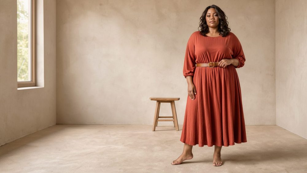 Femme grande taille portant une robe fluide rouge brique cintrée par une ceinture en cuir cognac à boucle dorée, dans une lumière naturelle douce.