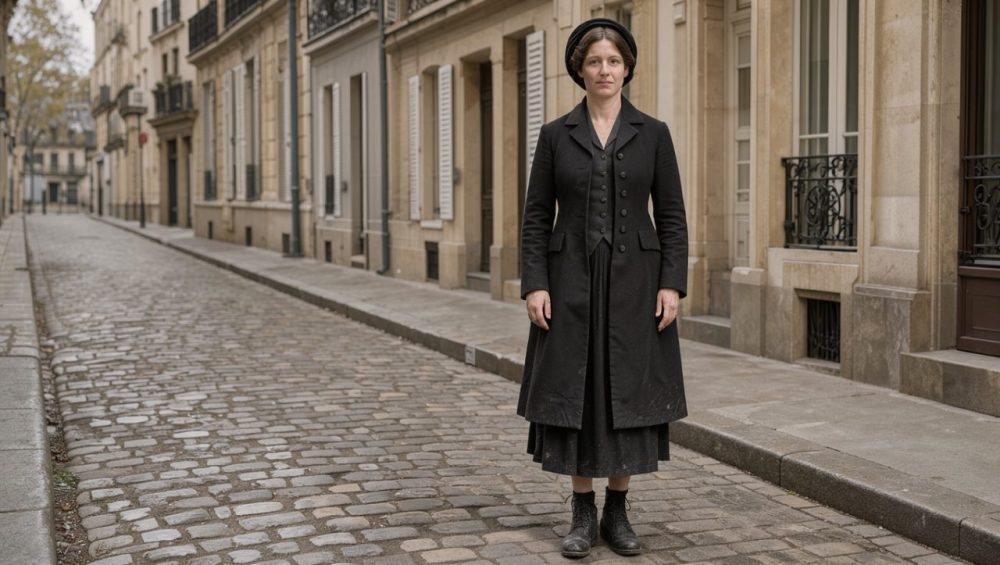 Femme adulte du XIXe siècle debout dans une rue parisienne pavée, vêtue d’une redingote noire cintrée, d’un gilet, d’une longue jupe sobre et de bottines lacées, sous une lumière douce.