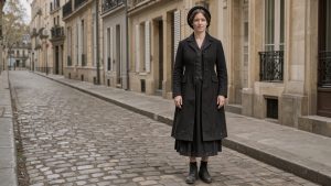 Femme adulte du XIXe siècle debout dans une rue parisienne pavée, vêtue d’une redingote noire cintrée, d’un gilet, d’une longue jupe sobre et de bottines lacées, sous une lumière douce.