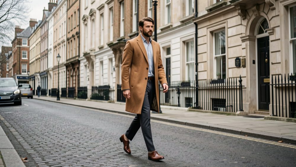 Homme élégant marchant dans une rue londonienne près de Jermyn Street, vêtu d’un manteau camel, d’un pantalon droit et de derbies en cuir brun.